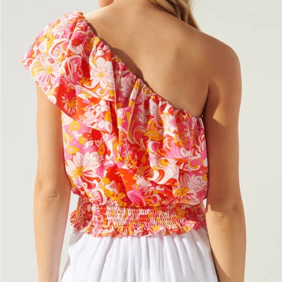NWT Mellow Groove One Shoulder Ruffle Crop Top Floral Pink Size M - Picture 2 of 11